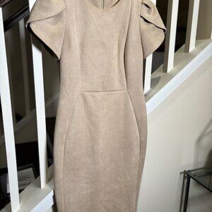 Calvin Klein Womens Tan Beige Faux Suede Microsuede Dress Size 6 Puff Sleeve
